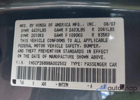 2008 Honda Accord 2.4 Ex-L из США, поврежденный, VIN 1HGCP26898A002502